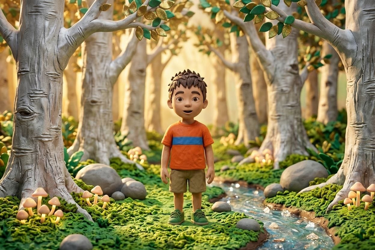 Pep standing in a sparkling clay forest, ready to explore